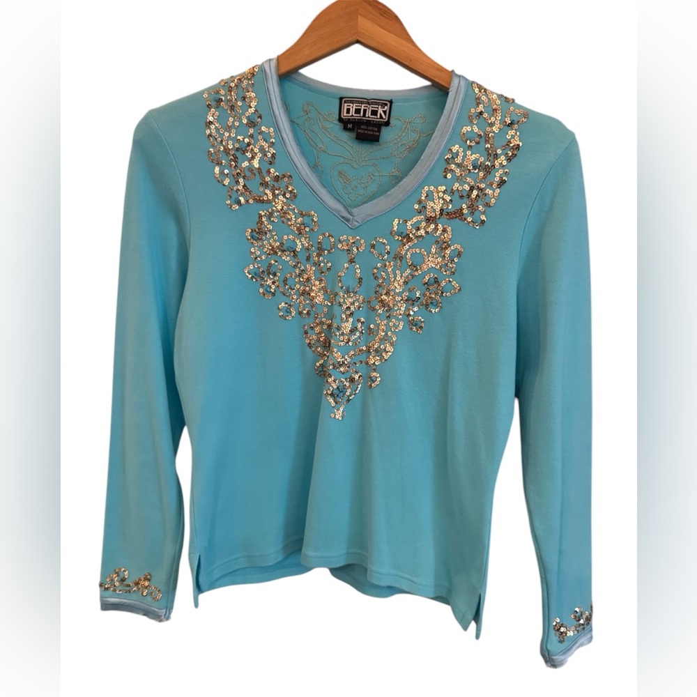 BEREK Long Sleeve Cotton Top – Turquoise & Sequin Embellished, Size Medium EUC